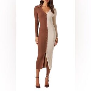 Astr Brown and Cream Long Sleeve Dress